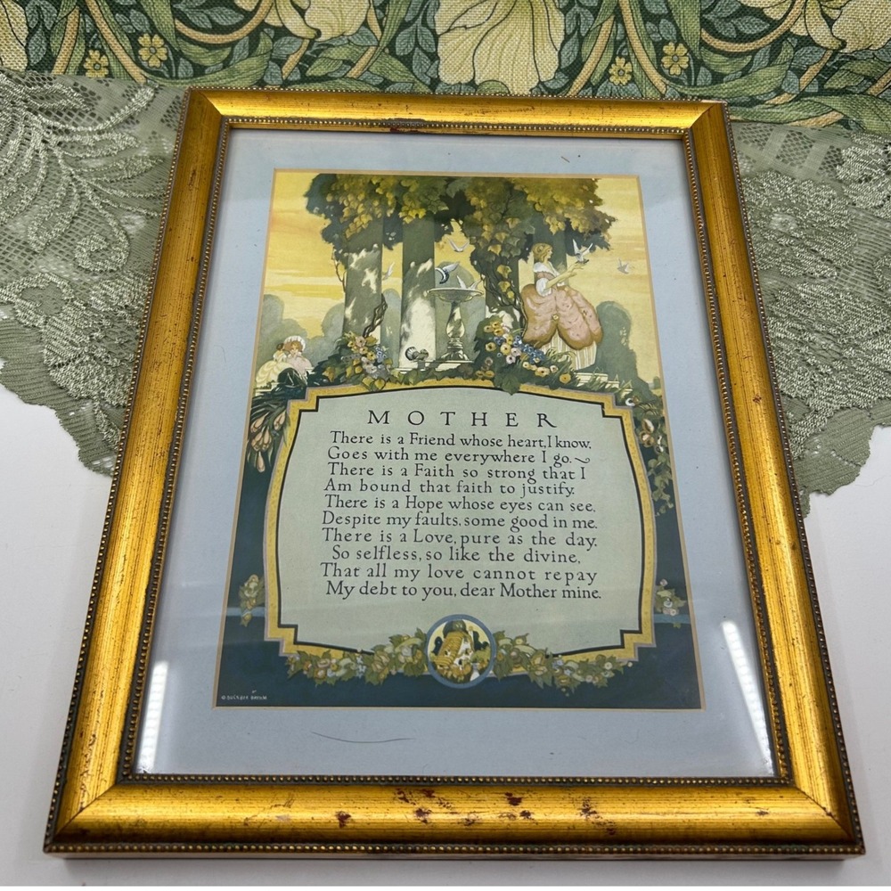 Vintage Art Deco Print Mother Motto Poem Buckbee Brehm Gold Framed Wall Art Gift